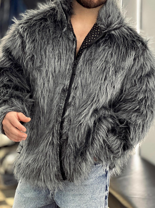 Men's Stand Collar Zip Up Faux Fur Jacket