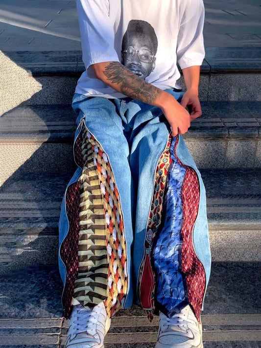 Denim Patchwork Printed Zip Up Pants