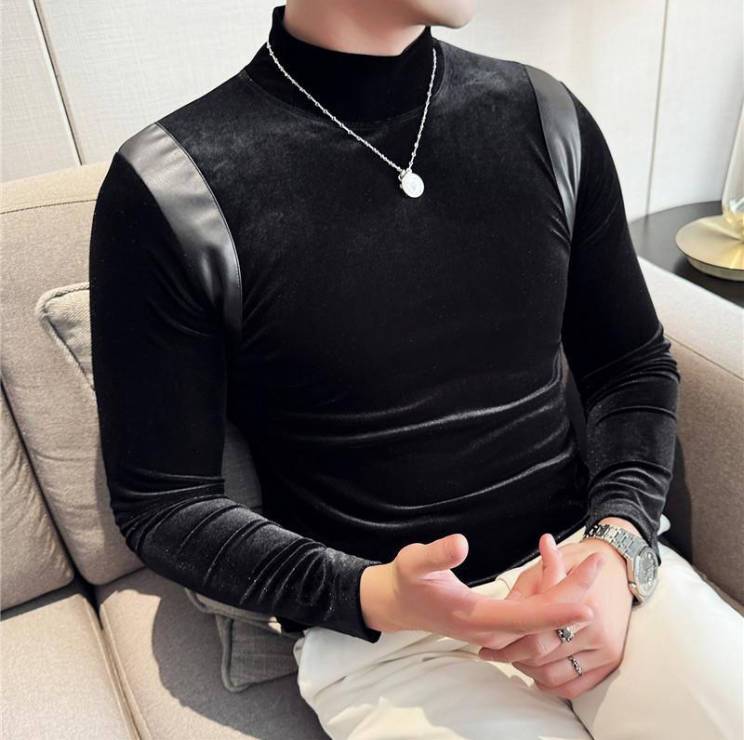 Half-High Collar Color-Blocking Leather and Velvet Turtleneck Top