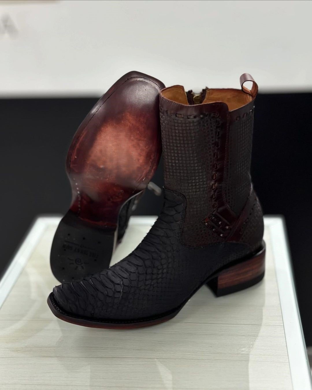 Hand-stitched vintage python leather boots