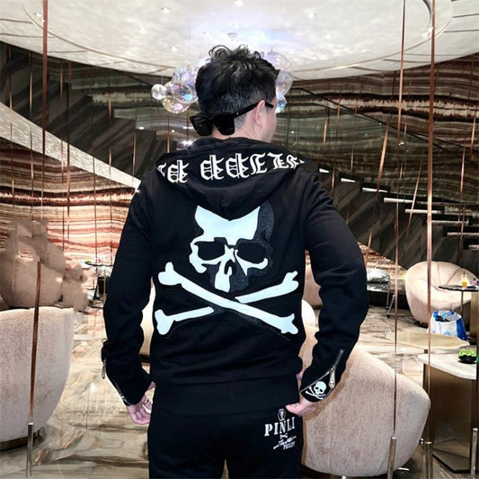 Men's High Quality Embroidered Skull Hoodie Set