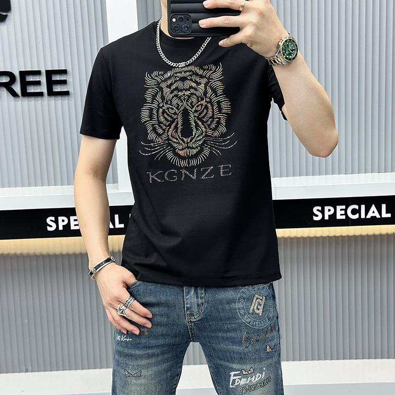 Men's Summer Tiger Rhinestone Ice Silk T-shirt