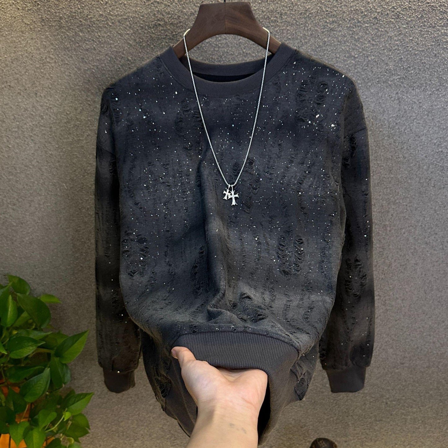 Trendy Shiny Ripped Crewneck Long Sleeves